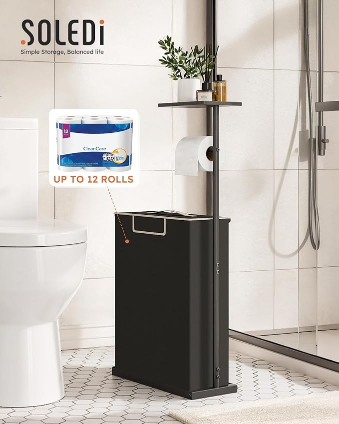 Toilet Paper Holder Free Standing with Storage for Up to 12 Rolls,Rustproof Metal Toilet Paper Stand with Shelf,All-in-One Toilet Tissue Roll Dispenser and Organizer with a Lidded Basket,Black