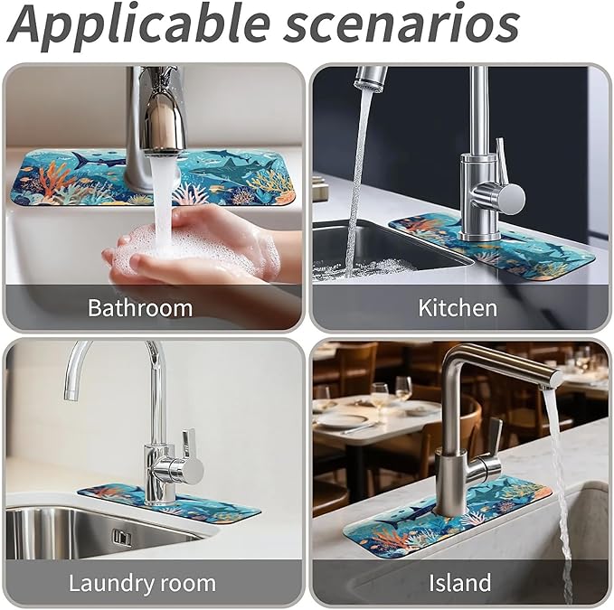 Kitchen Sink Splash Guard，Underwater world Faucet Mat Sink Gadgets-Super Absorbent Fast Drying Mat Drip Catcher for Kitchen, Bathroom,Sink Mat, Dish Drying Mat, Bathroom(15" X 5.5" )