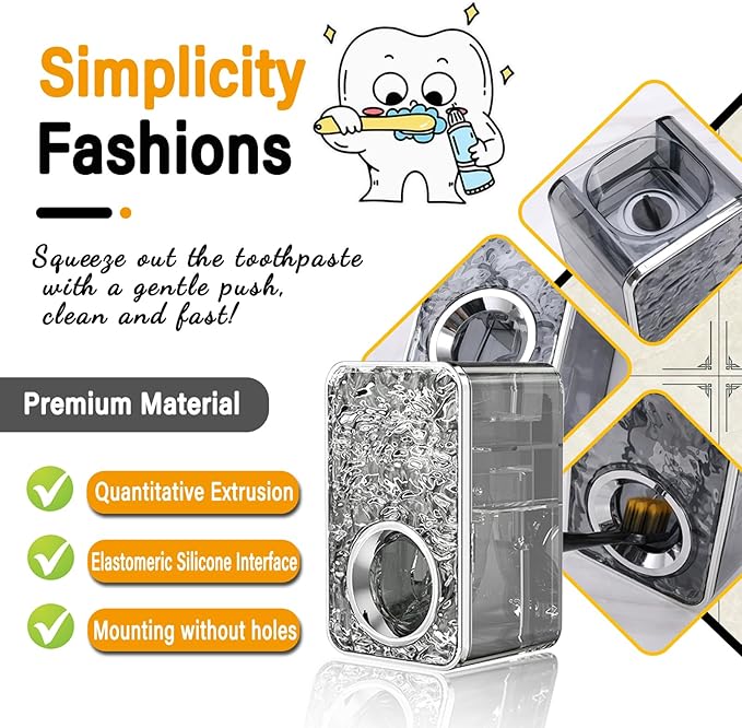 Toothbrush Holders Combo Set for Bathroom，4 Cups Toothbrush Holder Wall Mounted with Organizer，Gift 4 Count Ultra Fine Soft Bristle Crystal Tooth Brush and Wall Mounted Toothpaste Squeezer