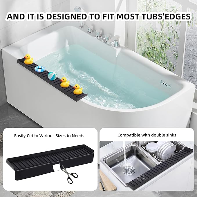 Kitchen Sink Splash Guard with Suction Cups, Kitchen Sink Mat, Non-Slip Silicone Sink Edge Protector, Water Splash Guard for Kitchen, Bathroom, Bathtub (Black, 4*24 in)