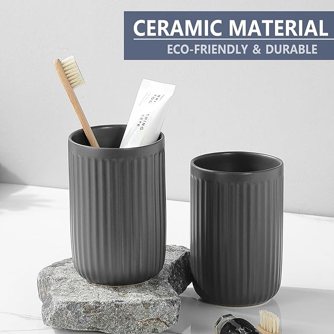 Matte Grey Toothbrush Holders for Bathrooms - Ceramic Toothbrush Toothpaste Holders Set, Bathroom Tumbler Cups Reusable Toothbrush Cup Grey Mouthwash Cup, Counter Organizer.