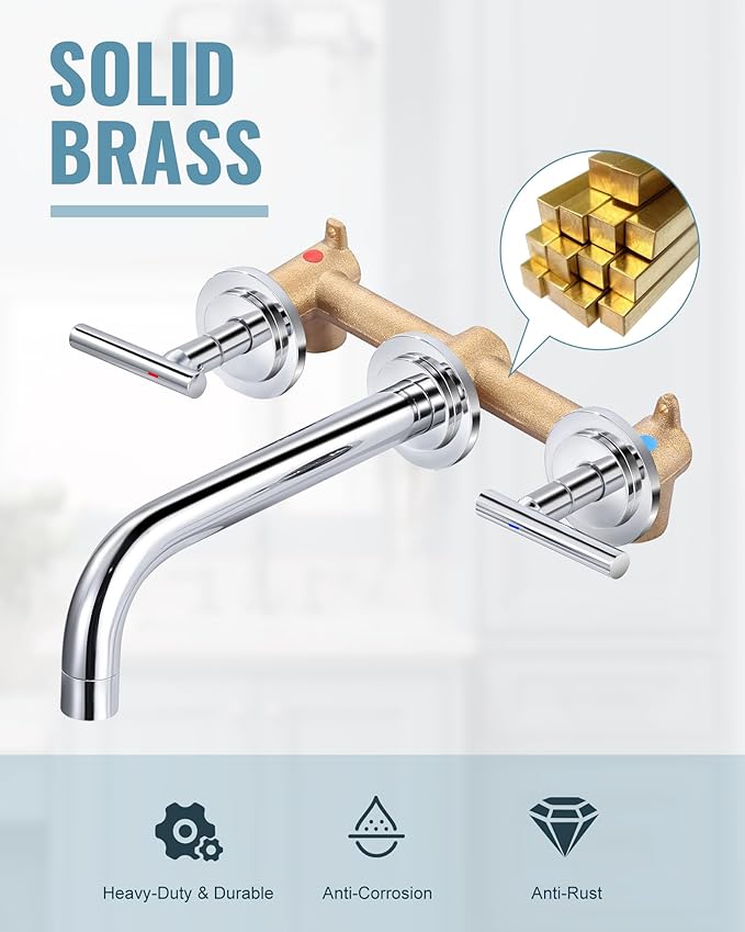 WOWOW Wall Mount Bathroom Faucet:Chrome Wall Faucet High Flow Two Handles Stainless Steels,Long Spout Reach,Widespread Bathroom Sink Faucet with Rough-in Valve 3 Holes Elegant Classic Spout