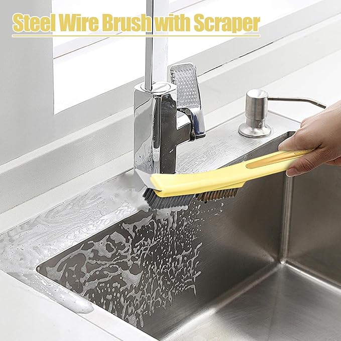 Kitchen Stove Top Brush - Steel Wire Scrubber with Built In Scraper | Heavy Duty Cleaning Gadget for Home Use, Dirt Removal Tool for Tile, Sink Drains, Stove Tops, Grout, Bathroom Corners, Household S