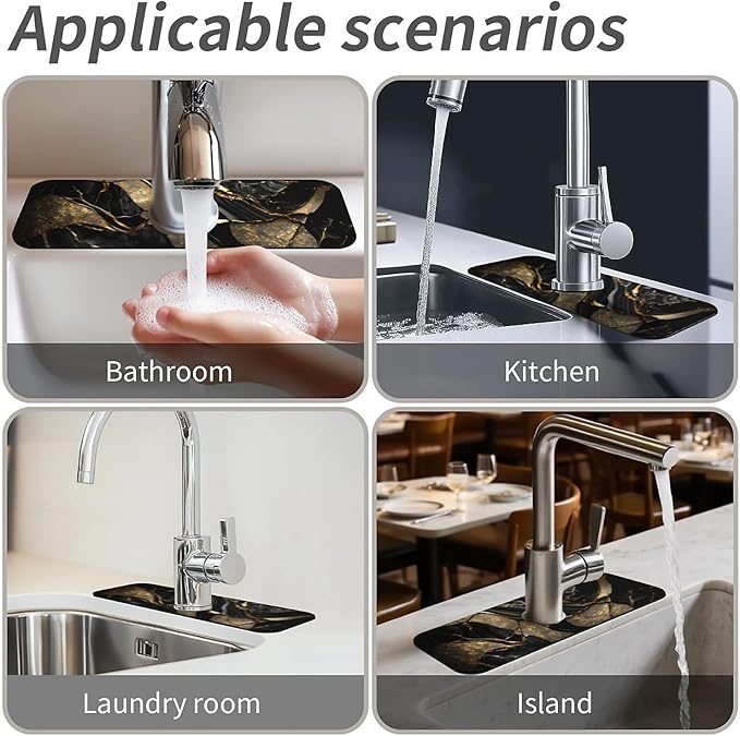 Kitchen Sink Splash Guard，Black and metallic gold marble Faucet Mat Sink Gadgets-Super Absorbent Fast Drying Mat Drip Catcher for Kitchen, Bathroom,Sink Mat, Dish Drying Mat, Bathroom(15" X 5.5" )
