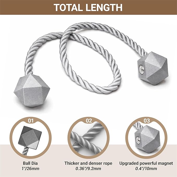 Hion Magnetic Curtain Tiebacks Grey 2pcs, Curtain Tiebacks Buckles Holdbacks Holders Hooks Clip for Home Bedroom Office Decorative Curtain