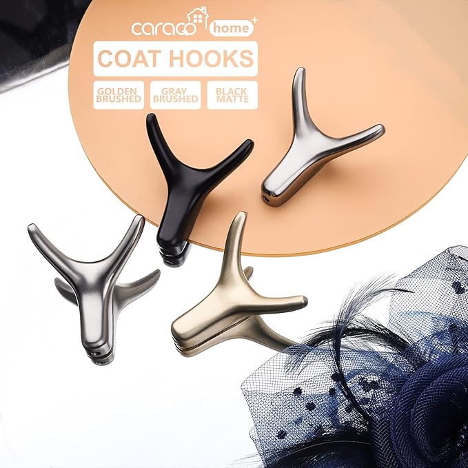 CARAGO Coat Hooks, Towel Hooks for Bathroom,3 Packs Metal Heavy Duty Wall Hooks, Suitable for Cloakroom, Living Room, Bathroom, for Hanging Clothes, Hats, Bags, Kitchenware, Towels (Golden Brushed)
