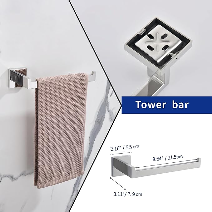 TASTOS 5-Piece Bathroom Hardware Set Wall Mounted Bathroom Accessory Set, Premium Stainless Steel Robe Hook Toilet Paper Holder 24-Inch Towel Bar (Polished)