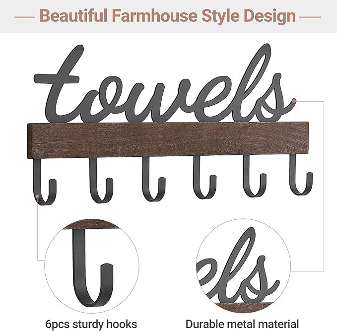 Dahey Small Towel Rack with 6 Hooks, Towel Holder Wall Mount Bathroom Organizer Rustic Farmhouse Home Decor Hanger Storage Hooks for Towel, Robe, Bag, Brown