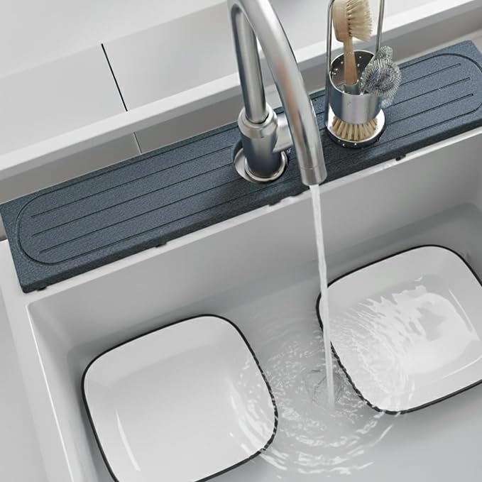 Stone Faucet Mat for Kitchen Sink, Quick Dry Diatomite Drying Mat for Counter, Faucet Splash Guard, Sink Protector, Water-Absorbing Tray for Bathroom or Countertop (Dark Gray, 20" x 4")