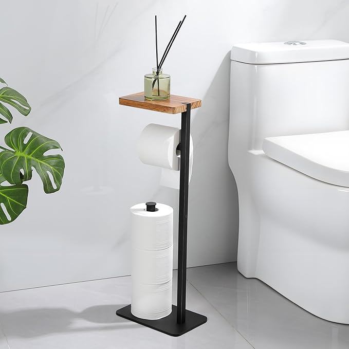 Holder Phone Toilet Paper Holder Stand - Toilet Paper Stand for 3 Rolls with Anti-Slip Base and Wood Shelf for Wipes, Natural Bathroom Decor