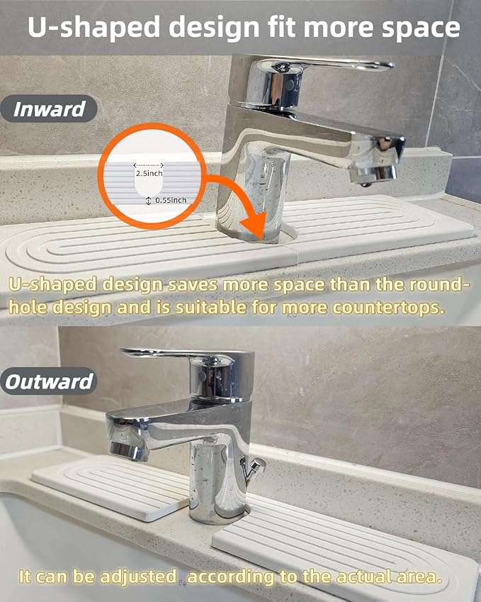 16 Inch Stone Faucet Mat for Kitchen Sink, Diatomite Fast Drying Mat for Kitchen Counter, Water Absorbent Faucet Sink Splash Guard with Raised Feet, Bathroom Counter Protector (White, 15.75"x3.93")