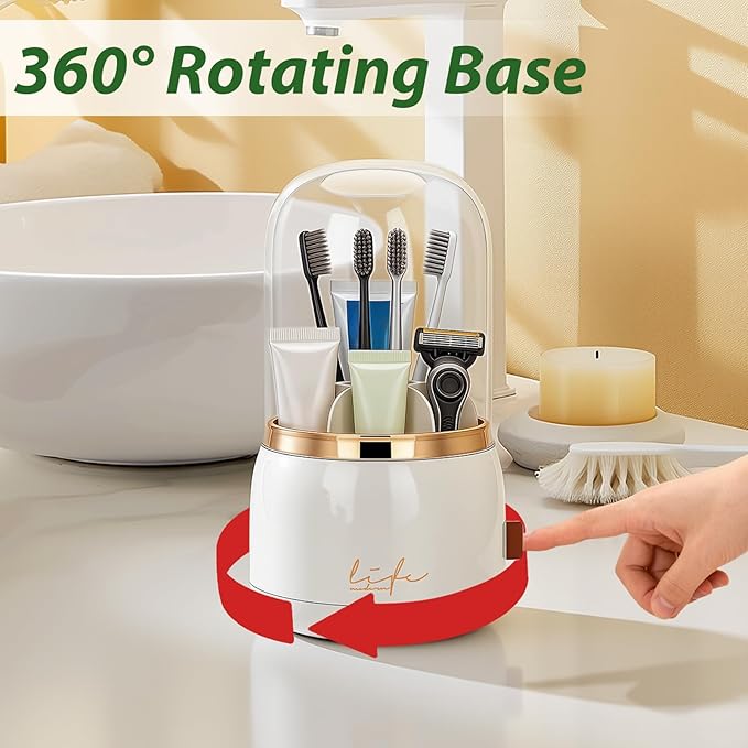 360 Rotating Toothbrush Holders for Bathrooms, 7-Slot Toothbrush Holder with Cover & Drainage, Bathroom Countertop Organizer for Electric Toothbrushes, Toothpaste & Makeup Brushes