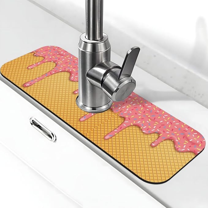 Ice Cream Waffle Cherry Flavor Yummy Summer Dessert 15" X 5.5" Kitchen Sink Splash Guard Faucet Faucet Guard Draining Mat Sink Splash Guard Faucet Kitchen Bathroom