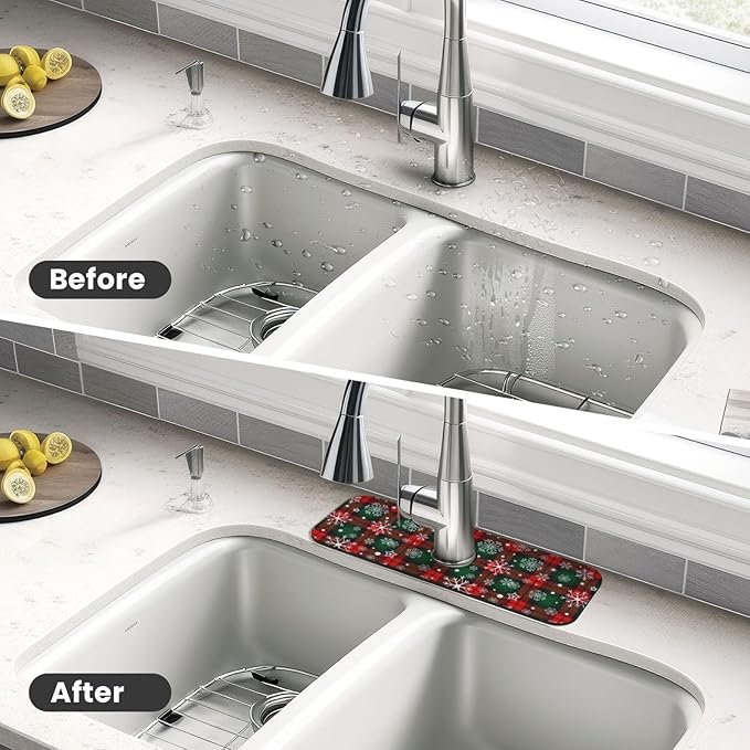 Merry Christmas Snowflakes Red Green Lattice Plaid Kitchen Sink Splash Guard Faucet Mat 1 Pcs, Absorbent Fast Drying Mat Gadgets Splash Guard For Bathroom 15 X 5.5 Inches