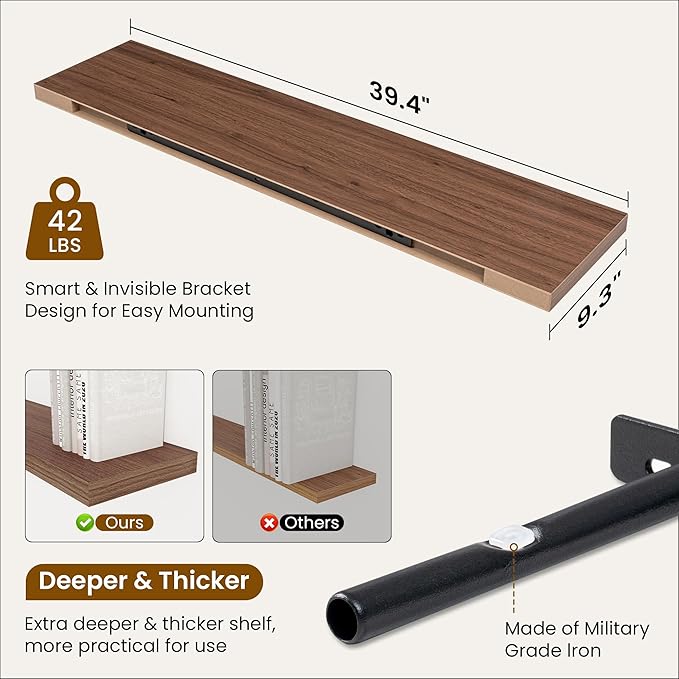 Fun Memories 40" Rustic Wood Floating Shelves with Invisible Brackets for Storage & Decor, Deep Wall Mounted Shelves for Bathroom, Kitchen, Living Room (Walnut, Set of 2)
