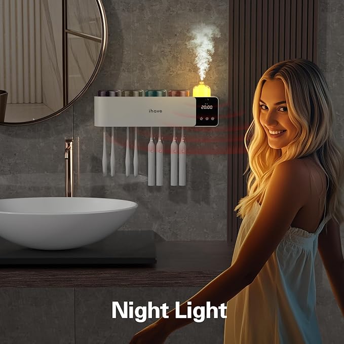iHave Toothbrush Holders Wall Mounted with Toothbrush Sanitizer & Aromatherapy Diffuser | Auto-Cycle Disinfection, Heated Fan Drying, USB Rechargeable, IR Night Light,LED - 4 Cups Bathroom Organizer