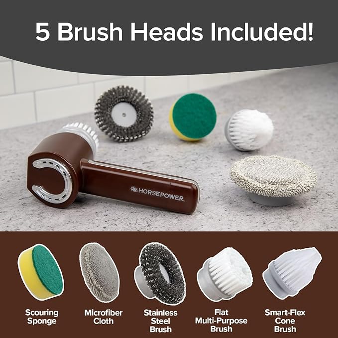 HorsePower Scrubber AS-SEEN-ON-TV Waterproof Rechargeable Handheld 350 RPM Includes 5 Brush Heads, Blast Away Dirt & Grime, Tile Grout, Bathrooms, Kitchen, Auto Rims, Outdoor Furniture, 2 Pack