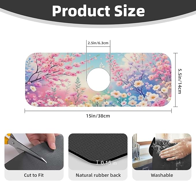 Charming Floral Garden 15" X 5.5" Kitchen Sink Splash Guard, Faucet Guard Draining Mat, Faucet Suction Pad For Kitchen Bathroom