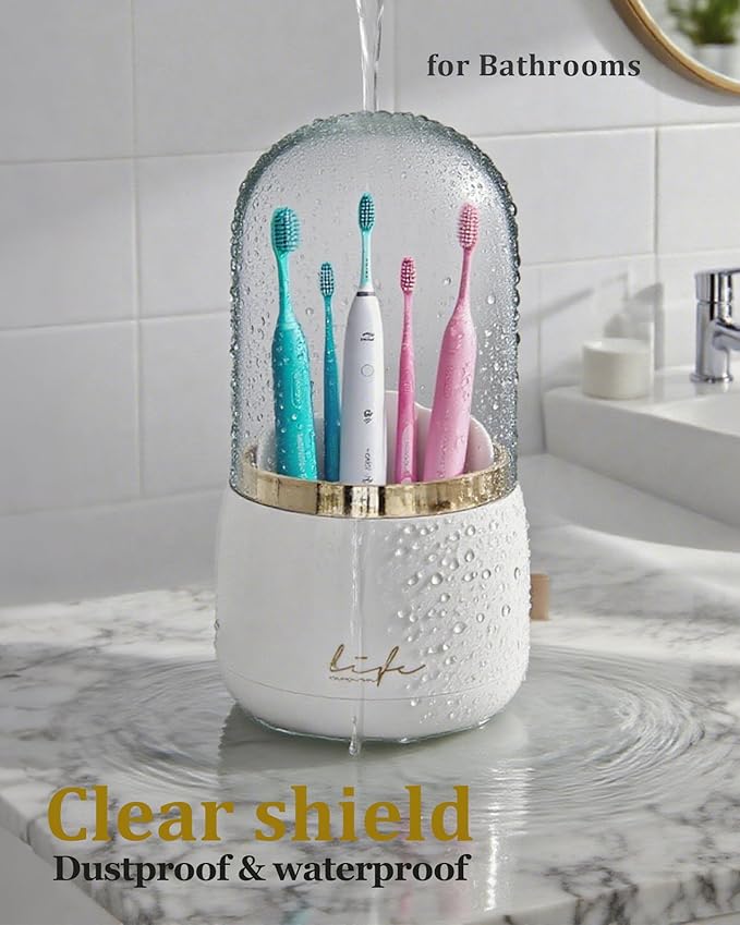 360° Rotating Toothbrush Holder for Bathroom, 7-Slot with Cover & Drainage for Electric Toothbrushes, Toothpaste, Razors - Stand Storage for Vanity, Bathroom Accessories, Countertop Organizer (White)