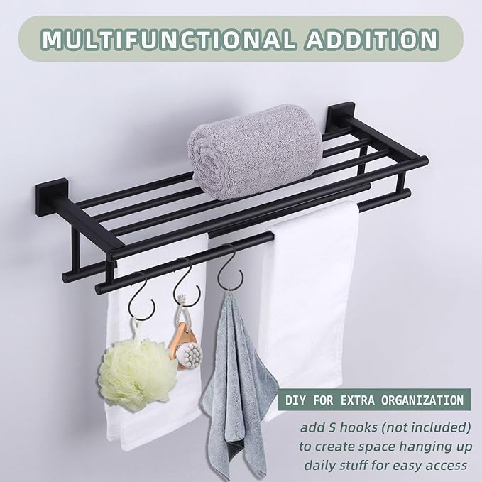 Bathroom Towel Shelf with Bar, Angle Simple Stainless Steel Bath Towel Rack, Double Towel Holder with Shelf, Wall Mount Train Rack Matte Black 23.62 Inches