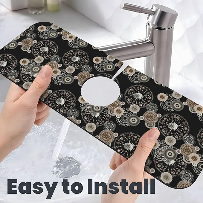 Paisley Mandala Brown And Black Floral Kitchen Sink Splash Guard Faucet Mat Super Absorbent Fast Drying Mat Sink Gadgets-Fast Drying Pad Sink Mat For Kitchen Bathroom (15" X 5.5" )