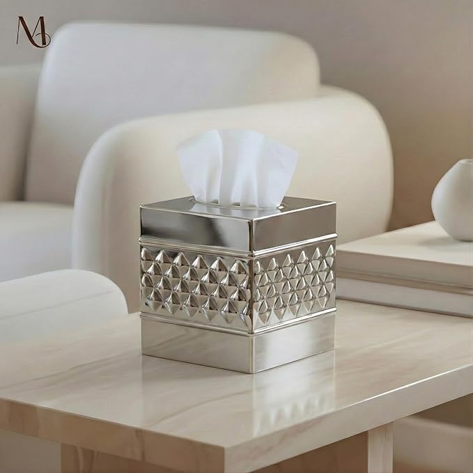 Monarch Abode Tissue Box Cover Square – Handcrafted Geo Embossed Nickel Chrome Finish Metal Tissue Holder Box for Bathroom Accessory, Aesthetic Decorative Facial Napkin Cube for Modern Home Decor