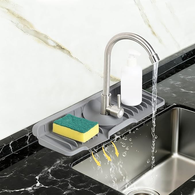 Silicone Faucet Splash Guard Mat for Kitchen Sink - Fast-Drain, Non-Slip Countertop Protector, Water Catcher Tray Behind Faucet, Easy Clean Silicone Drip Mat, 15.75"x 5.51"