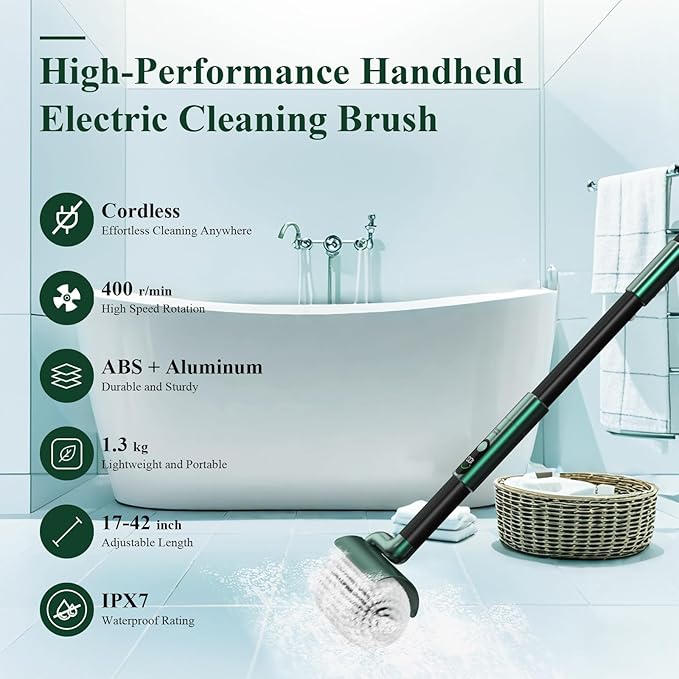Minthouz Electric Spin Scrubber - 74W High Power, Dual Speed Rotation (350-450 RPM), Extendable 42-Inch Pole, Digital Battery Display, Multi-Purpose Brushes for Home & Outdoor Use
