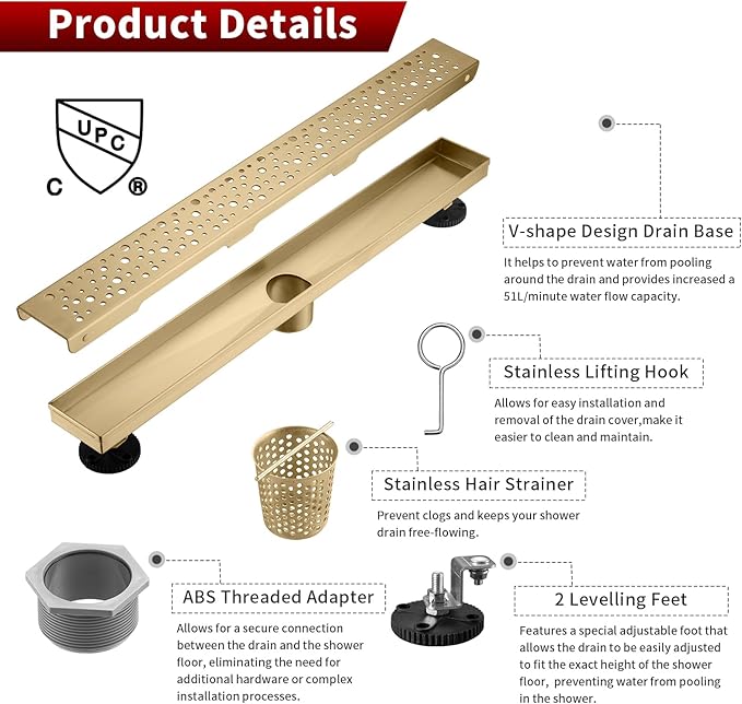 Sharp-tec 28 inch Linear Shower Drain, Gold Rectangular Floor Drain, V-Shape Design Drain Channel, 304 Stainless Steel, cUPC Certificated for Bathroom Shower Room (Drain Base is Not Included)