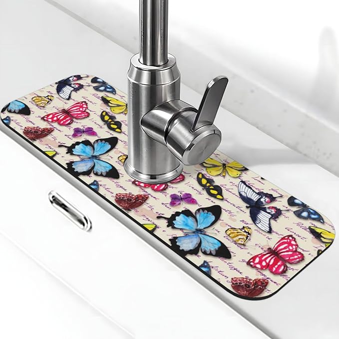 Butterfly Beautiful Vintage Butterflies Kitchen Sink Splash Guard Faucet Mat 1 Pcs, Absorbent Fast Drying Mat Gadgets Splash Guard For Bathroom 15 X 5.5 Inches
