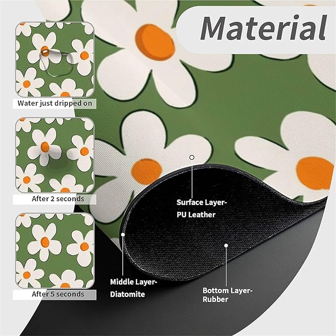 Kitchen Sink Splash Guard，White daisy Faucet Mat Sink Gadgets-Super Absorbent Fast Drying Mat Drip Catcher for Kitchen, Bathroom,Sink Mat, Dish Drying Mat, Bathroom(15" X 5.5" )