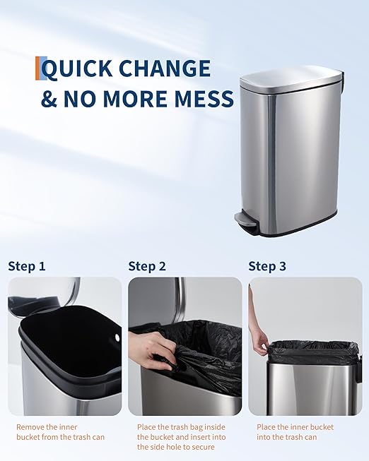 3.2 Gallon / 12 Liter Trash Can Stainless Steel Garbage Can with Removable Inner Bucket for Offices, Hands-Free Kitchen Step Trash Can for Kitchen & Bathroom, Silver