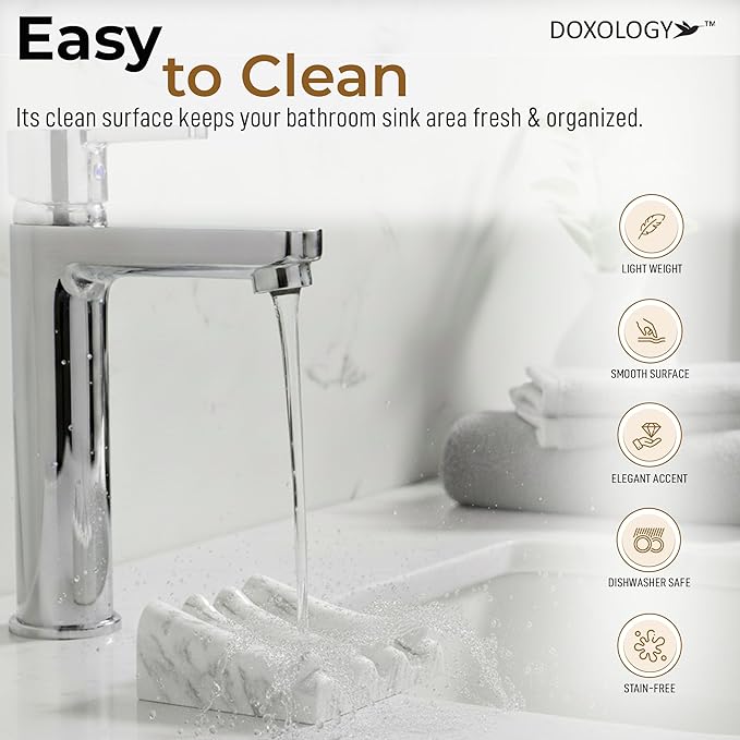 DOXOLOGY White Marble Soap Dish Bathroom Organizer - Resin Soap Dish with Rectangular Design 3.7" L x 2.8" W - Self Draining Soap Dishes Keeps Countertop Neat - Marble Look Soap Tray for Sink