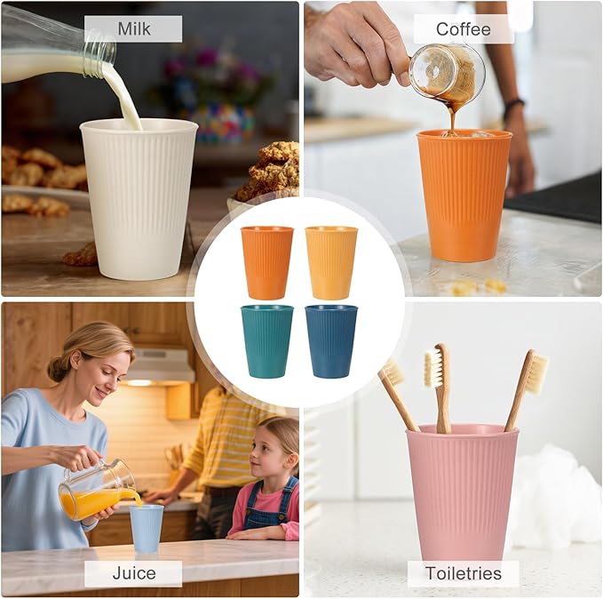 uxcell 4 Pcs Simple Toothbrush Cup, 3.3 x 3.3 x 4.2 Dishwasher Safe Bathroom Tumbler Reusable Plastic Cup Set for Storing Toothpaste Combs, Dark Blue/Dark Green/Orange/Yellow