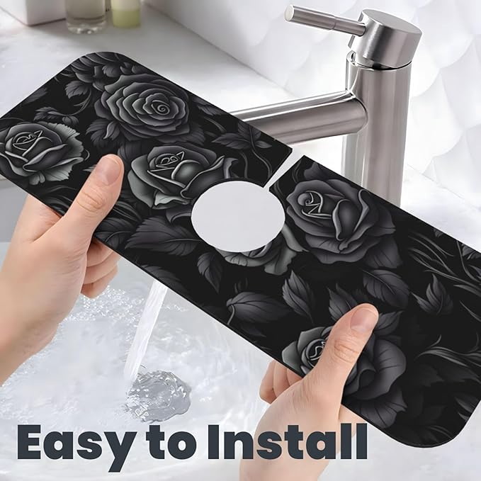 Black Rose Floral 15" X 5.5" Kitchen Sink Splash Guard, Faucet Guard Draining Mat, Faucet Suction Pad For Kitchen Bathroom