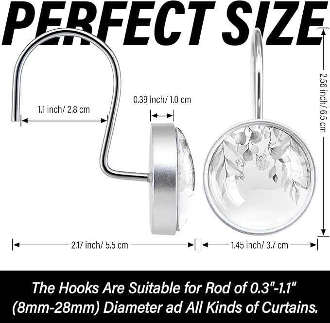 12 Pcs Round Grey Eucalyptus Decorative Shower Curtain Hooks - Rust Proof Glass Surface Stainless Steel Rings for Farmhouse Bathroom