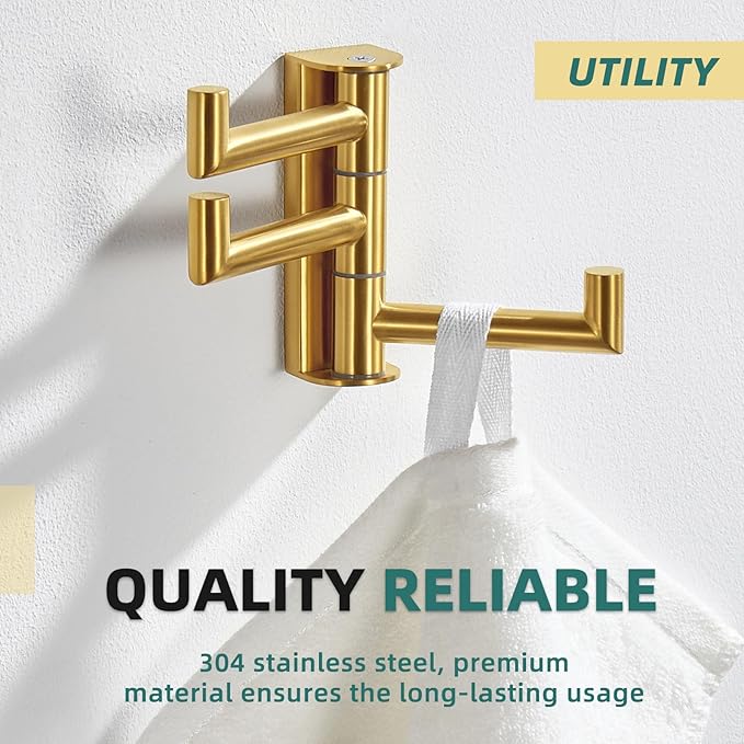 APLusee Swivel Towel Hook, 304 Stainless Steel Foldable Clothes Hook with Multi Three Rotating Arm, Flexible Bathroom Kitchen Storage Hanger Wall Mounted, Brushed Gold