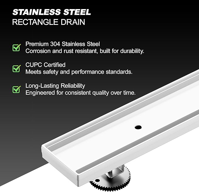 304 Stainless Steel Shower Drain, Removable Grate & Hair Catcher Bathroom Floor Drain with Waterproof Design for Tile Floor, CUPC Compliant (Tile Insert, 26 Inch)