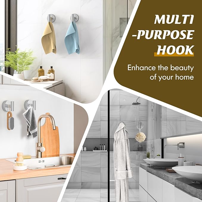 Suction Cup Hooks for Shower,Heavy Duty Shower Towel Suction Hooks,No Drill Wall Mounted Towel Hooks for Bathrooms Wall,Kitchen,Glass,Mirror,Tile to Hang Towels,Robes,Coat-Silver(4 Pack)