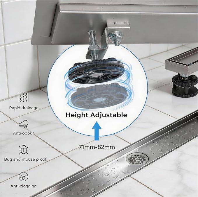 VANCOCO 24 Inch Linear Shower Drain, Brushed 304 Stainless Steel with 2-in-1 Tile Insert Grate, Adjustable Feet & Hair Strainer for Bathroom Remodel