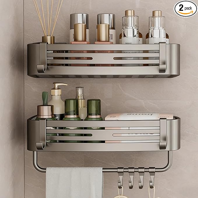 2Pcs Corner Shower Shelf Caddy Suction Cup, No Drill Hole with Towel Bar and Hook, Gray Bathroom Storage Rack, Zero Drill Square Shelves, Store Toiletries and Bath Towel for Bathroom Kitchen RV