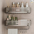 2Pcs Corner Shower Shelf Caddy Suction Cup, No Drill Hole with Towel Bar and Hook, Gray Bathroom Storage Rack, Zero Drill Square Shelves, Store Toiletries and Bath Towel for Bathroom Kitchen RV