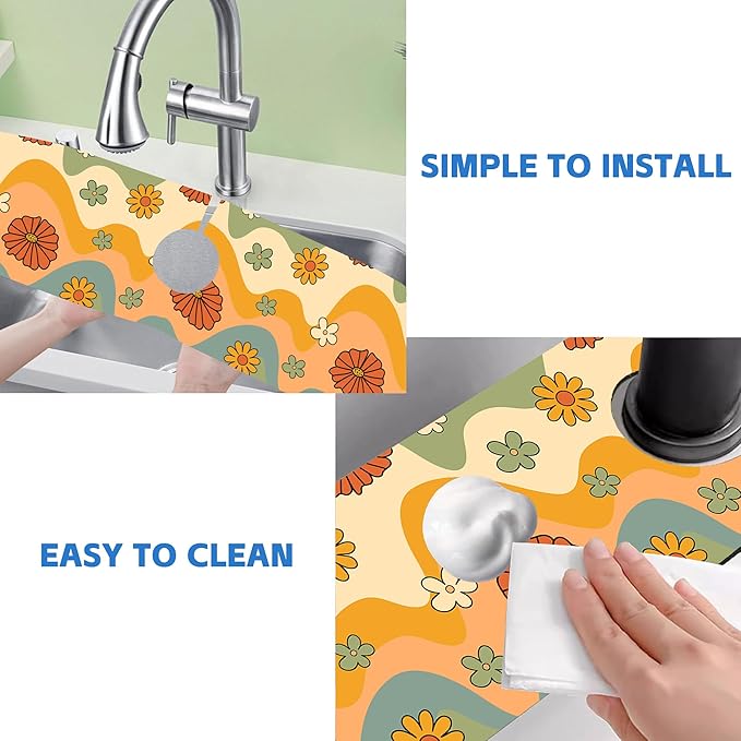 70s Groovy Flowers Sink Faucet Absorbing Mat Retro Waveas Splash Guard Behind Faucet Sink Mat Absorbent Fast Drying Faucet Draining Mat for Bathroom Kitchen 5.5"×24"