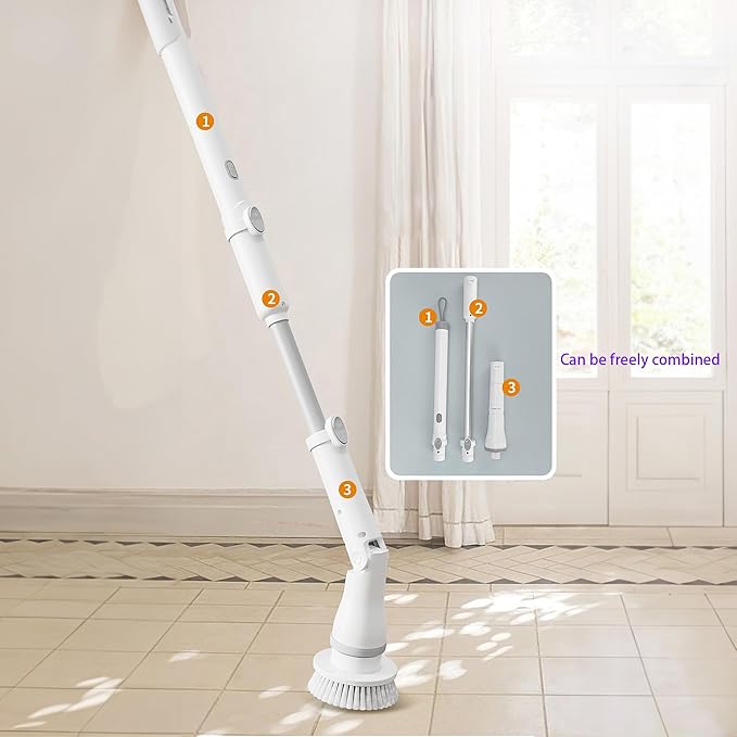 FixtureDisplays® 30-49" Adjustable Electric Spin Scrubber, Cordless Cleaning Brush with Extendable Arm 6 Replaceable Cleaning Heads, Power Shower Scrubber for Bathroom, Tub, Tile, Floor 15757-NF