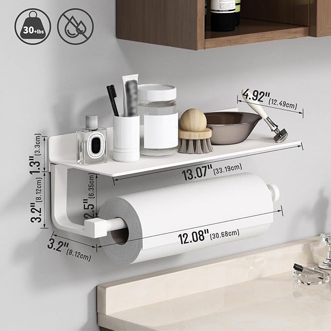 Danpoo White Paper Towel Holder with Shelf Wall Mount, Adhesive Hand Towel Holder for Bathroom, Kitchen Towel Holder