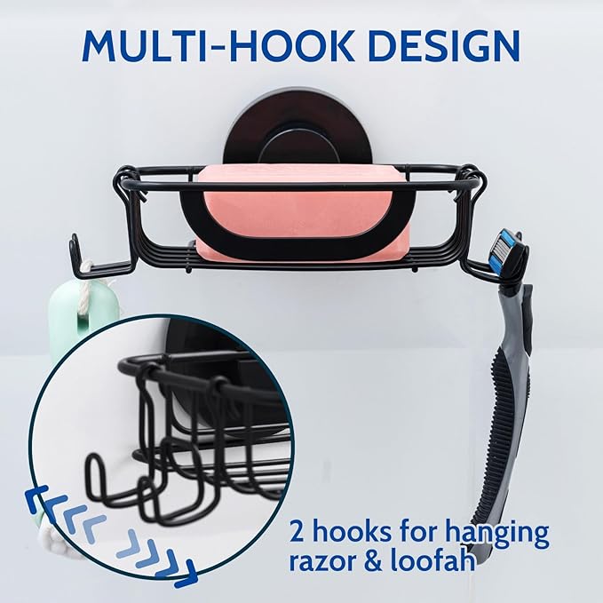 Soap Dish Bar Soap Holder Suction Cup with 4 Hooks, Stainless Steel Soap Saver Tray for Shower Wall, Bathroom, Kitchen, Rustproof Drill-Free Soap Bar Holder, Black