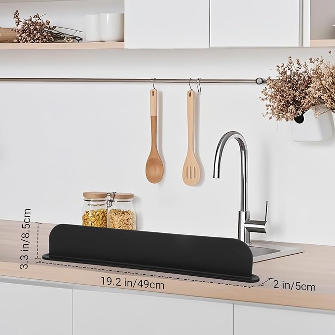 19.29 inch Sink Water Splash Guard, Silicone Sink Splash Guard, Backsplash Protector for Kitchen Countertop & Bathroom Bathtub with Non-Slip Strong Suction, Black, Pack of 2