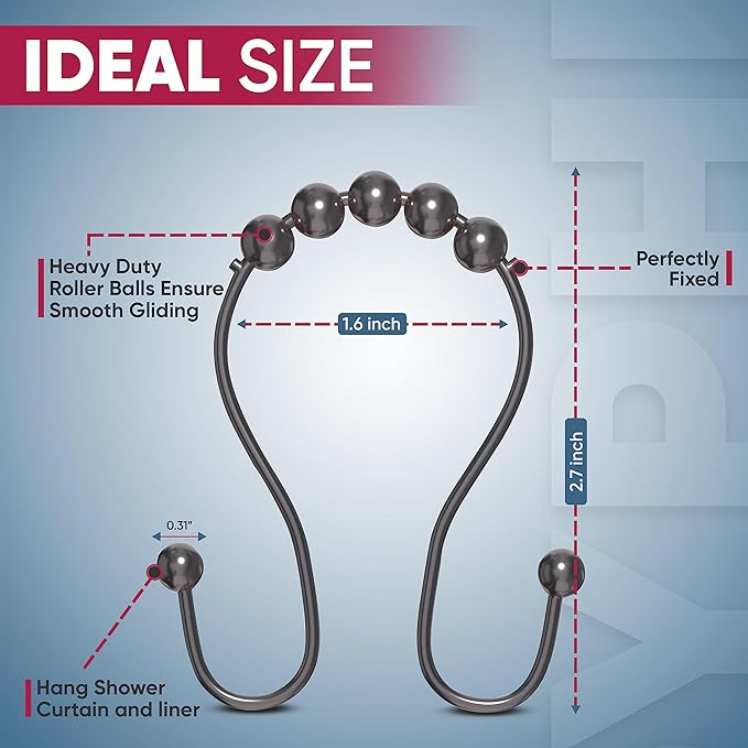 Shower Curtain Hooks Rust Proof (Set of 12) - Stainless Steel Shower Curtain Rings - Anti Slip Roller Balls for Easy Glide (Omega Double Hooks, Bronze)