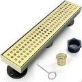 12 Inch Linear Shower Drain Bathroom Kitchen Golden Floor Drain Removable Capsule Pattern Cover Accessories Shower Drain 304 Stainless Steel Drain with Hair Strainer Adjustable Leveling Feet