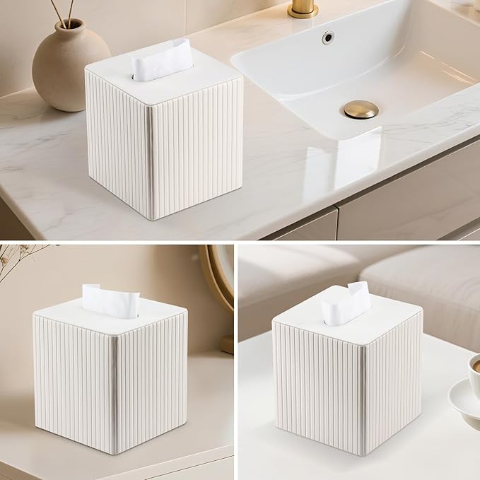 KINGFOM Square Pu Leather Tissue Box Cover, Modern Facial Tissue Holder, Roll Tissues Paper Case Dispenser for Bathroom Vanity Countertop, Night Stands, Office Desk (Off-White Strips)